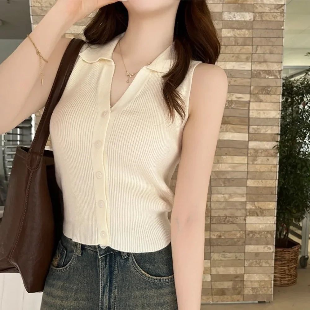 Lapel Ice Silk Slim Fit Vest for Women Summer Early Fall Thin Knit Tank Top Sleeveless Short Sleeve Casual Layering Outwear Oasis Select