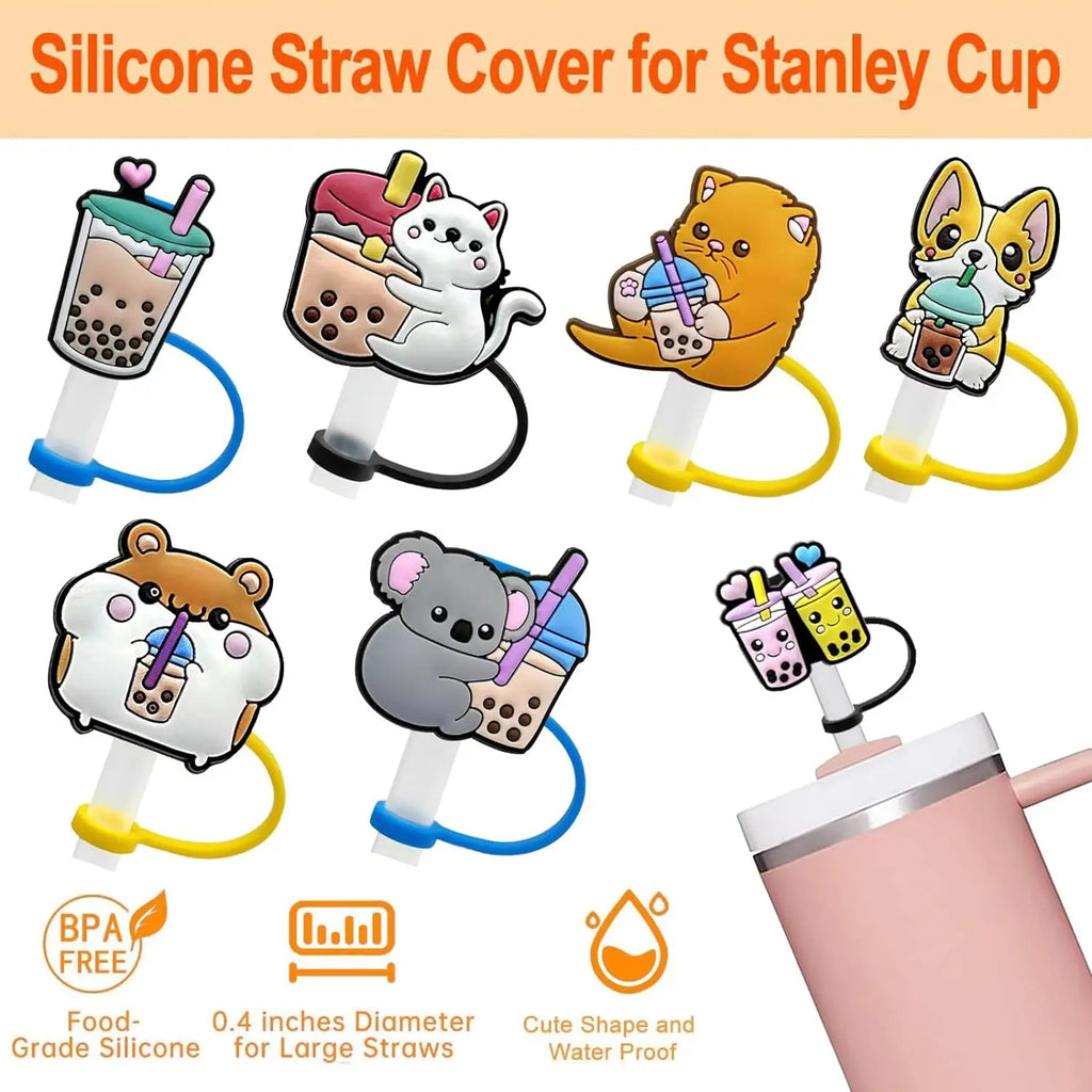 8mm/0.32in Straw Cover Cap Silicone Cute Animals Milk Tea Straw Protector Cover Straw Tip Topper for Stanley 30&40oz Tumbler Oasis Select