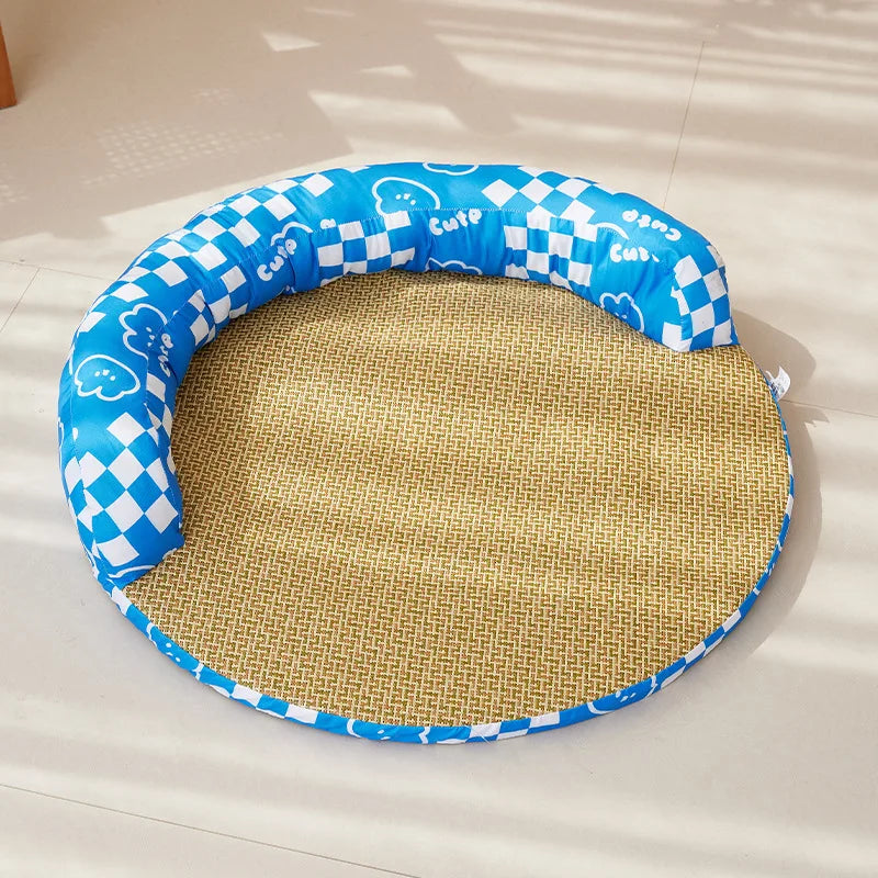 Summer Mat Cat Nest Can Be Disassembled and Washed Pet Sofa Cat Bed Four Seasons General Cooling Kennel Mat Oasis Select blue and white grid XL- D 70cm