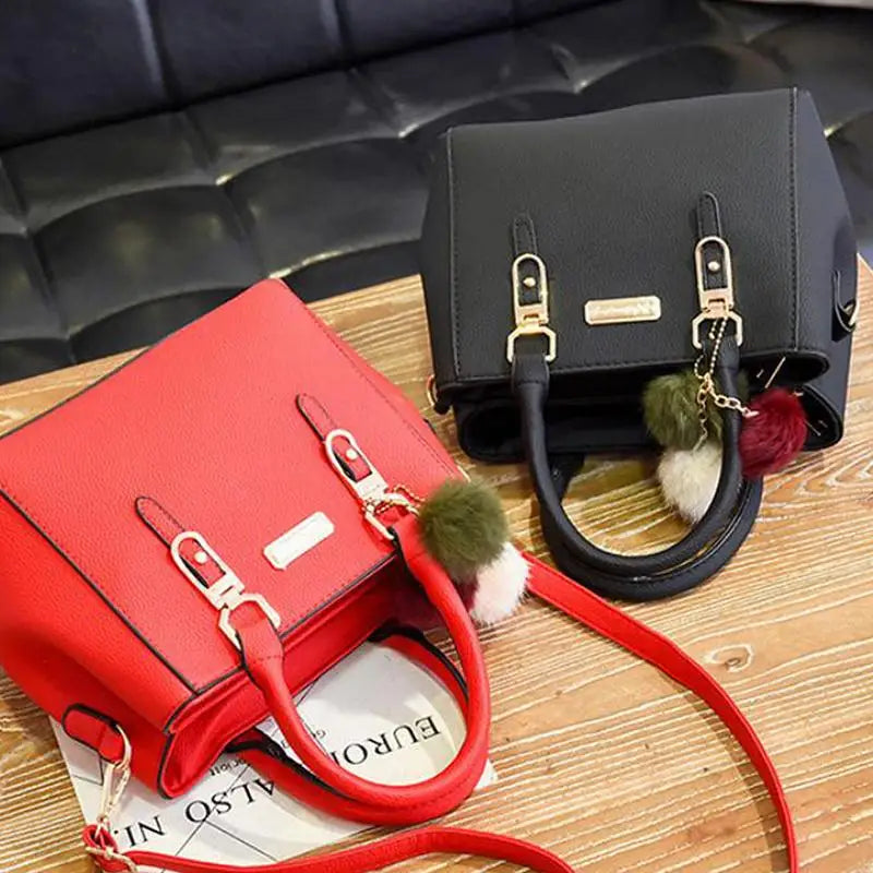 Women's PU Leather Tote Bag | Pom-Pom Crossbody Shoulder Handbag