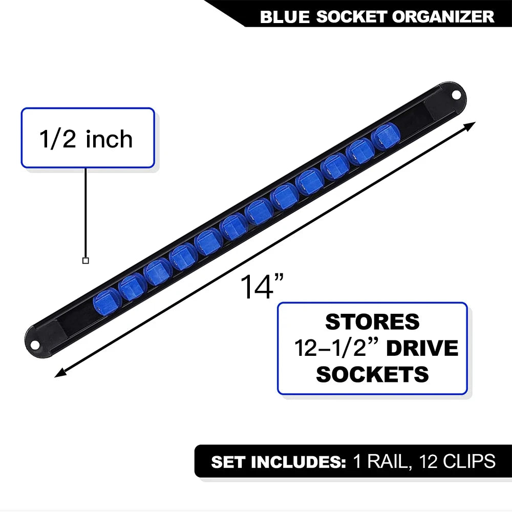 1Pcs 360 Degrees Swivel Socket Organizer 1/4inch 3/8inch 1/2inch Premium Quality Socket Clip Rail Holder Socket Organizer Tools Oasis Select 1-2(12.5mm)-Blue