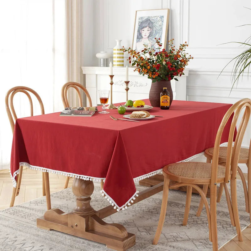 Modern Simple Solid Color Cotton Washed Cotton Red Green Christmas White Hairball Tea Table Cloth Home Textile Oasis Select 100X140CM B