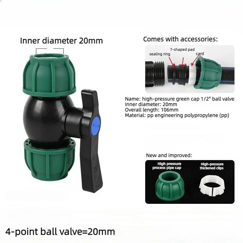 PE Ball Valve 4 Points 6 Points 1 Inch Water Pipe No Hot Melt Quick Connector Valve Switch Quick Connector Irrigation Joint Oasis Select 4 Points 20mm Upgrade Green Hat Ball valve