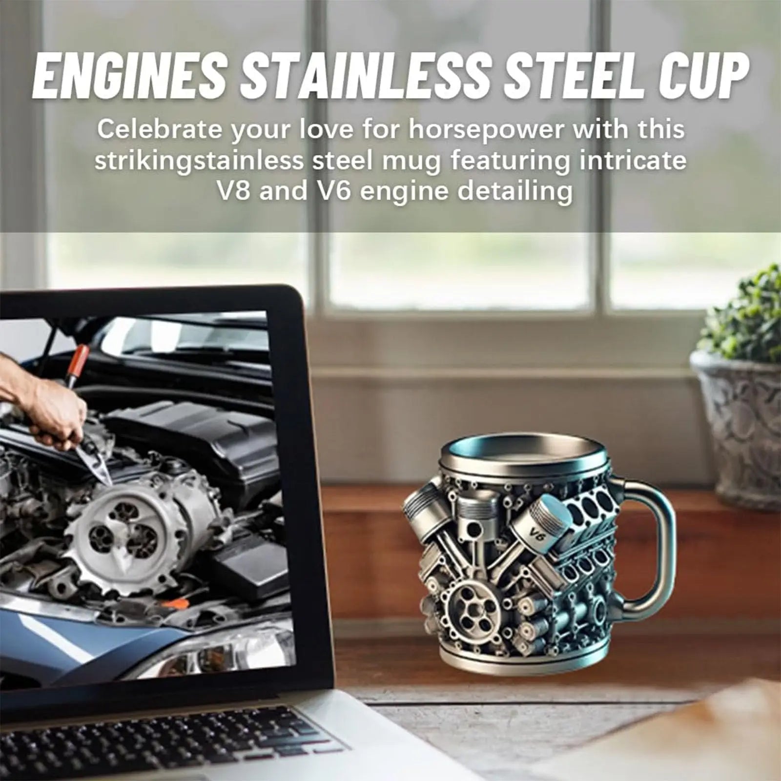 Stainless Steel Cup V8 & V6, V6 V8 Engines Design Mug, Durable & Stylish Rust-Proof 15oz Coffee Mug Perfect for Car Enthusiasts Oasis Select