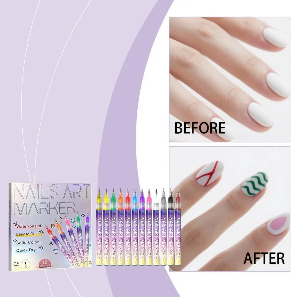 12-Piece Nail Art Graffiti Pens – Waterproof Quick-Dry Markers