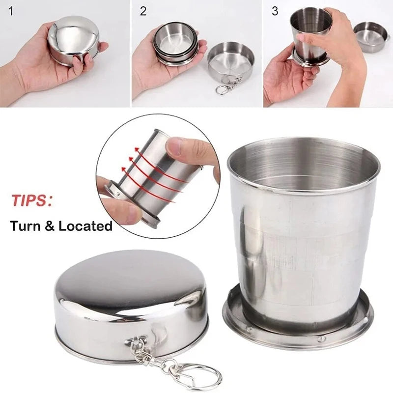 250ml Stainless Steel Keychain Water Cup with Retractable Teacups Portable Collapsible Outdoor Travel Camping Folding Cup Oasis Select