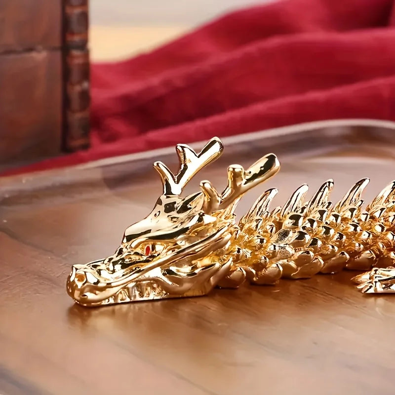 Flexible Jointed Golden Dragon Figurine Five-Claw Alloy Statue for Home Office Decor & Feng Shui Blessing Oasis Select