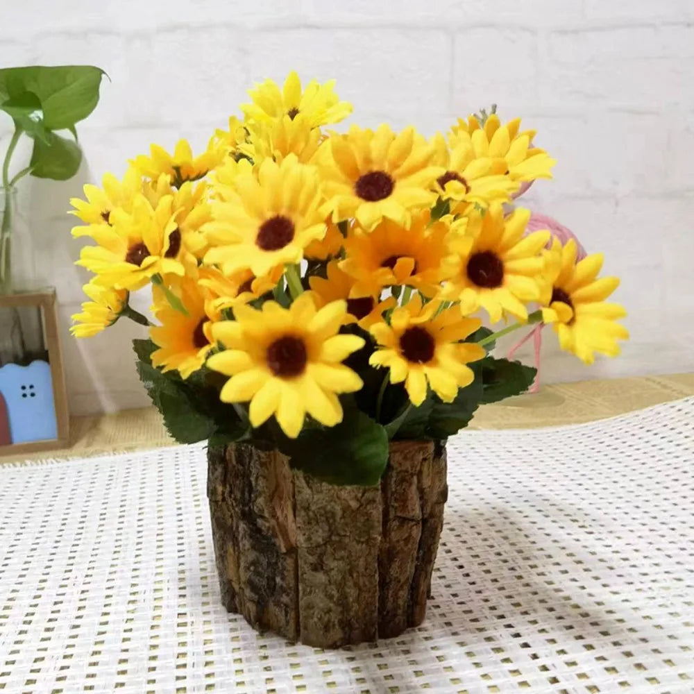 Artificial Sunflower Bonsai in Bark Pot | Faux Plant Home Décor