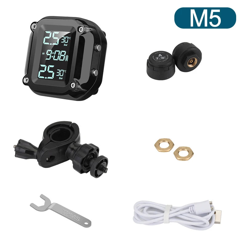 Motorcycle TPMS Solar Power Tire Pressure Monitor Real Time Tire Pressure Monitoring System Temperature Sensor Alarm System Oasis Select M5