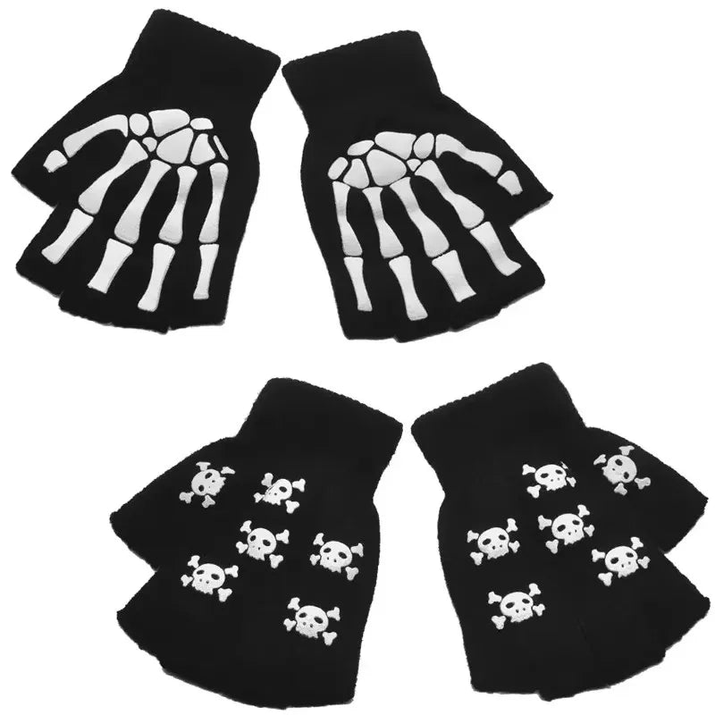 1-4pair Gloves Unisex Halloween Skeleton Skull Half Finger Gloves Glow In The Dark Fingerless Stretch Knitted Winter Mittens Oasis Select 2pair-mix 1