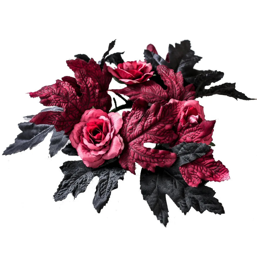 Halloween Artificial Rose Flowers Red&Black Silk Fake Maple Leaves Candlestick Wreath for Home Party Dining Table Candle Holders Oasis Select red