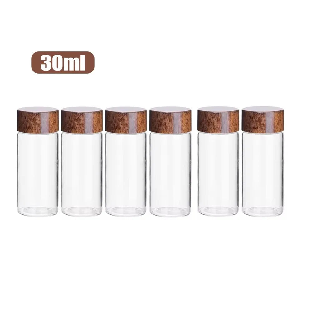 6PCS 10/20/30 ML Wooden Lid Mini Glass Bottles Transparent Sealed Small Spice Jars Food Grade Golden Bean Bottle Oasis Select L