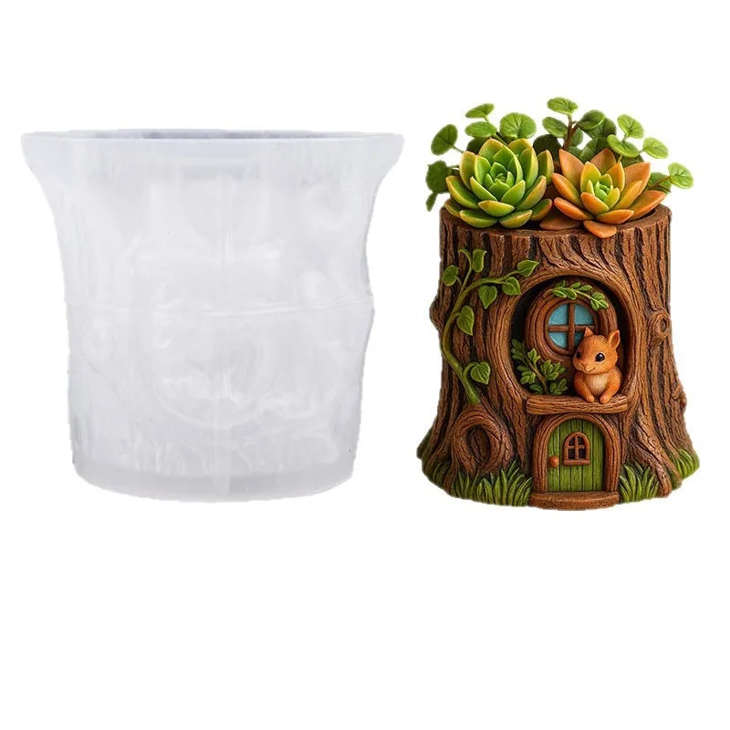 Fairy Tale Tree Stump Squirrel Planter Silicone Mold DIY Cement Resin Succulent Pot Desktop Decor Garden Ornament Oasis Select