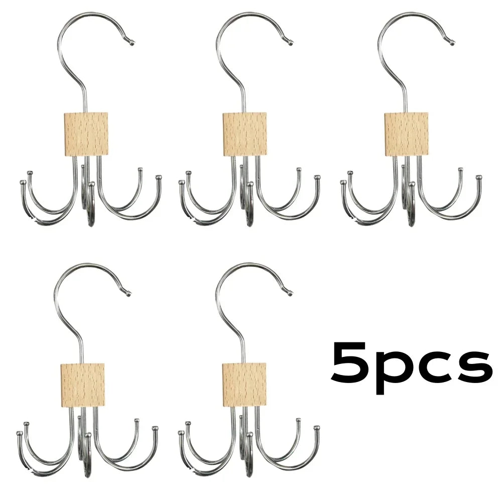 360° Rotating Storage Hanger Hook Multi-Claw Bag Metal Belts Rack Wooden Organizer For Bras Ties Scarves Household Closet Acces Oasis Select Wood color 5pcs