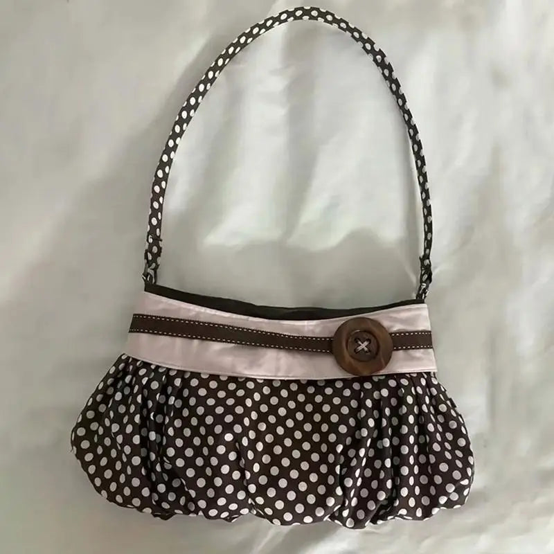 Retro Polka Dot Underarm Bag Cute Pleated Cloud Bag Wooden Button-decor Handbag Casual And Versatile Commuter Shoulder Bag Oasis Select