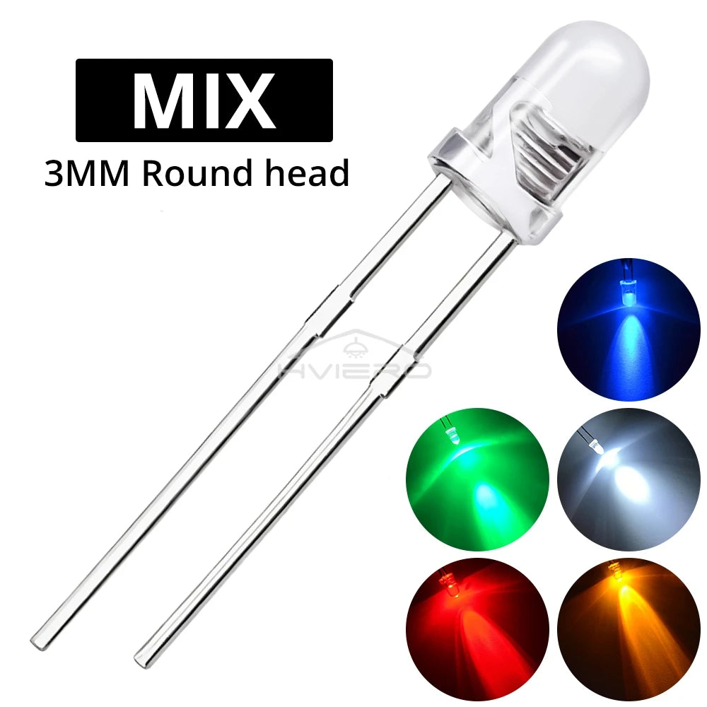 1000pcs F3 3mm LED Diode Assortment Kit – Multi-Color Bulbs