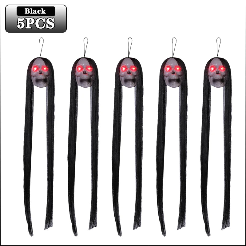 Halloween Hanging Ghost Skull with Long Hair Glowing Eyes Terror Skull Ghost House Head Skeleton Props 2024 Halloween Decoration Oasis Select 5PCS