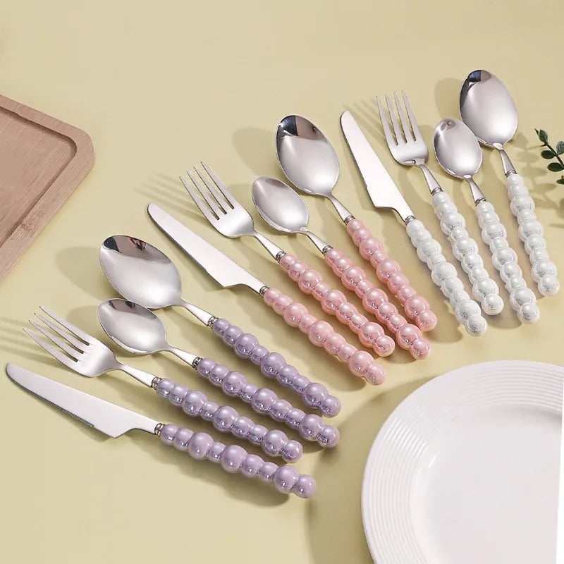 4Pcs/Set Luxury Ceramic Pearl Handle Cutlery Set Knife Fork Spoon Creative Cute Soup Spoon Western Food Steak Knife Spoon Fork Oasis Select