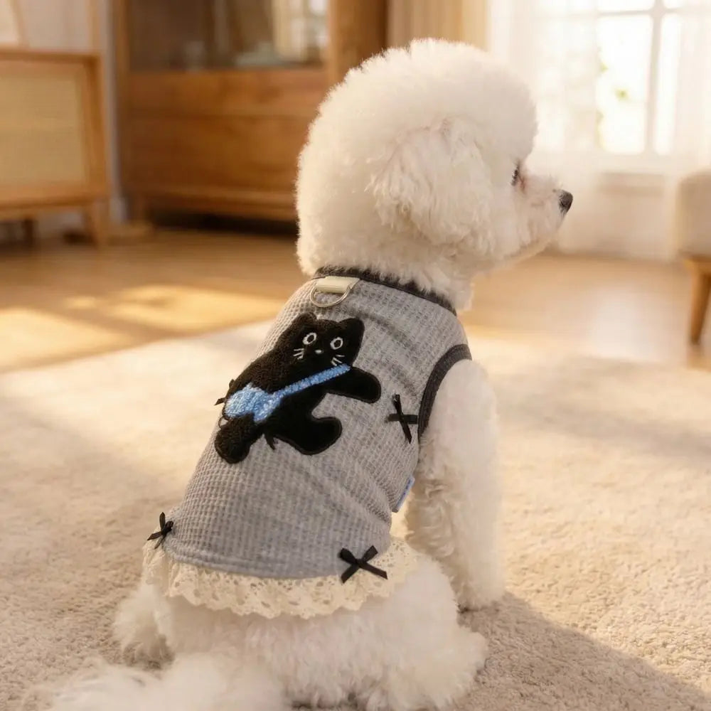 Waffle Dog Vest | Cat Print Lace-Edge Pet Undershirt S–XXL