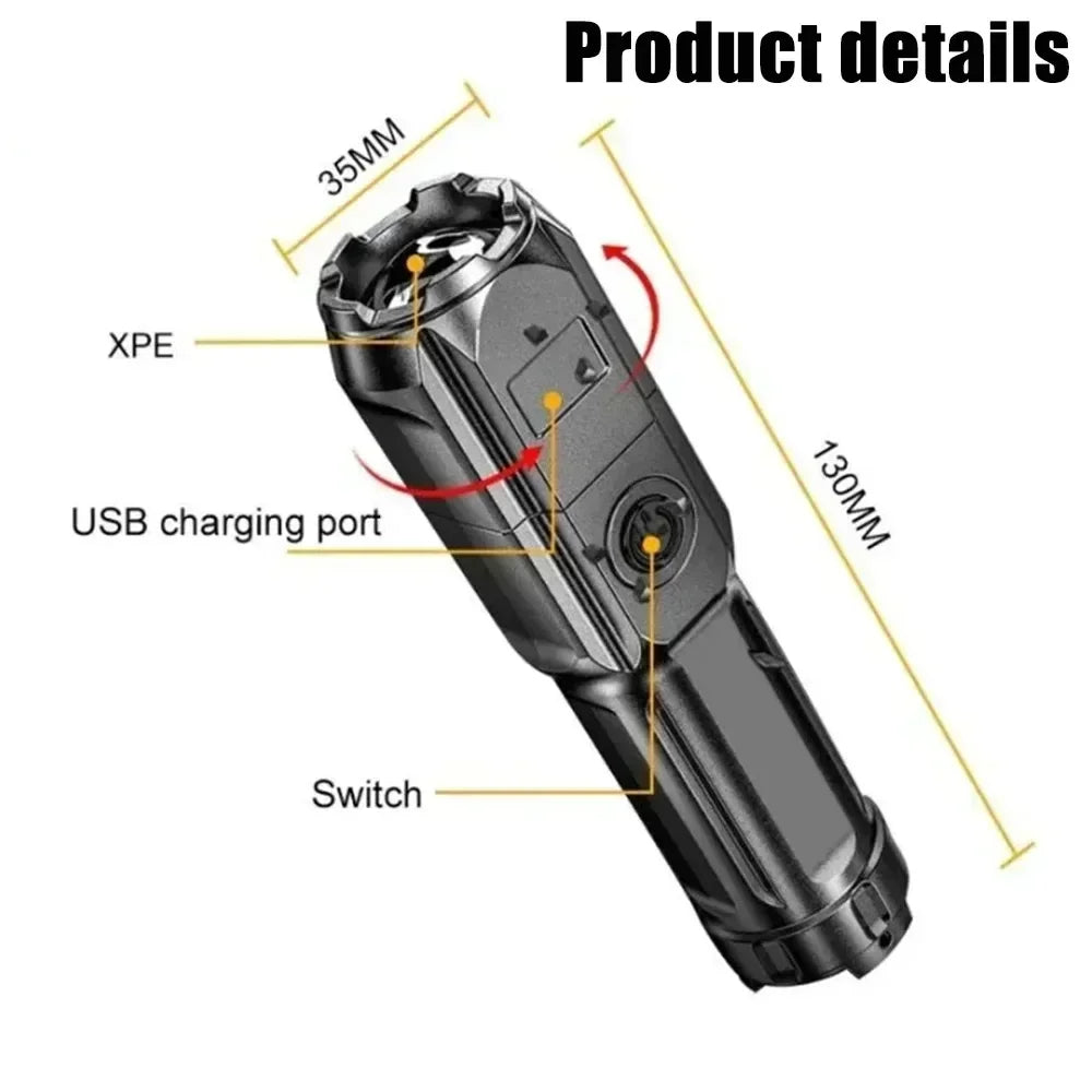 USB Rechargeable LED Zoomable Flashlight – 3 Modes, IPX-4