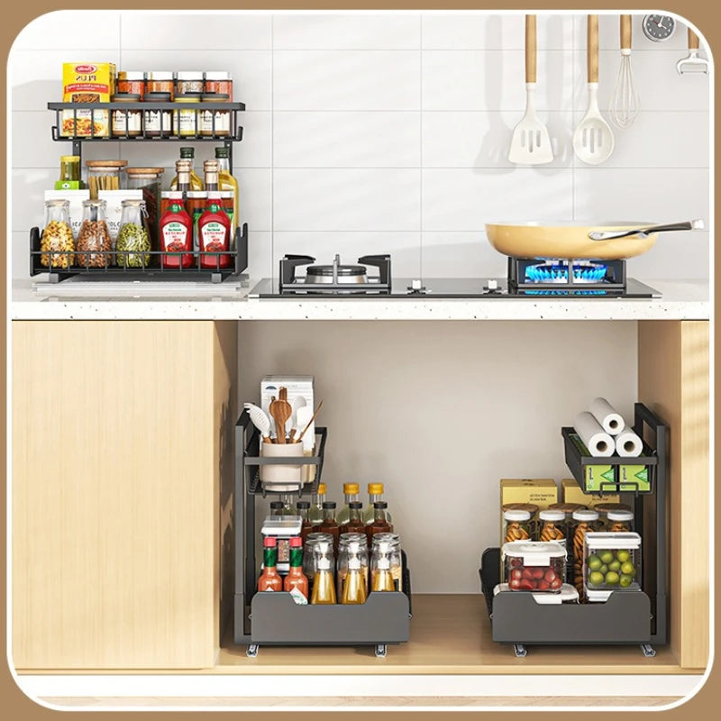 Kitchen Sink Lower Shelf Storage Pull Basket Two-way Guide Rail Bathroom Toilet Cabinet Layered Pull Basket Oasis Select