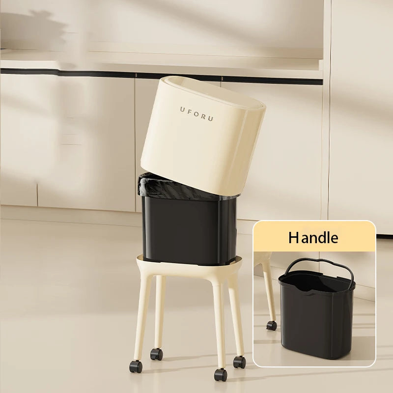 No-Bend High-Leg Trash Can with Press-to-Open Lid - Large Capacity Oval Kitchen & Living Room Bin, Durable Plastic Oasis Select