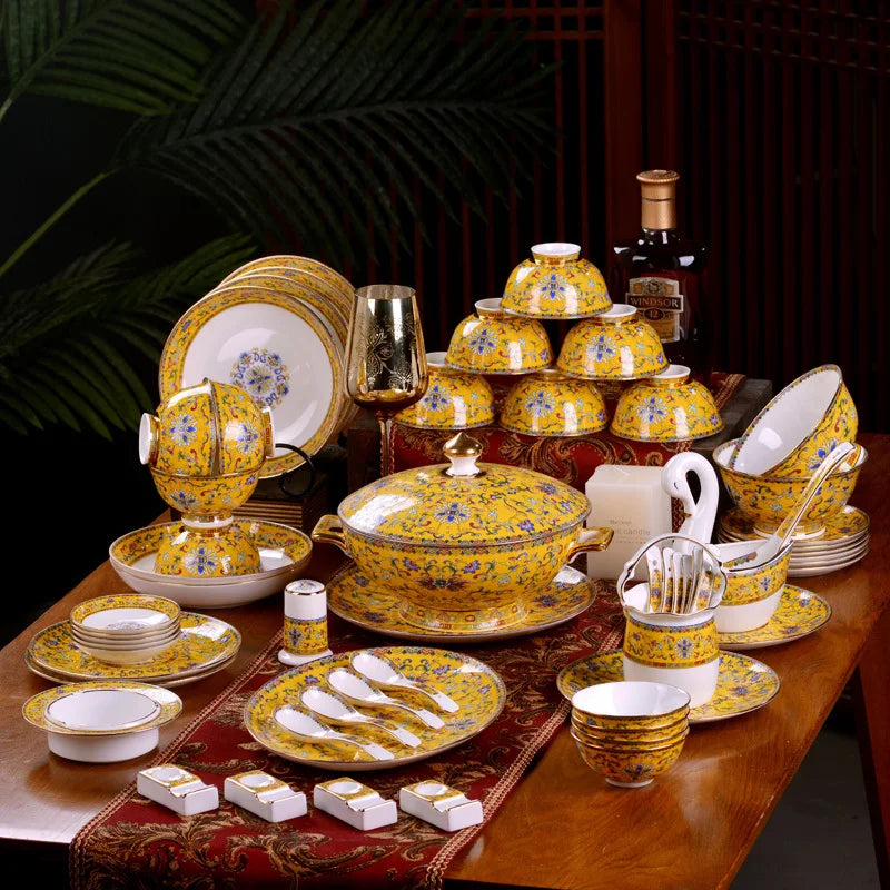 Jingdezhen Ceramic Bowl Household Bowl and Dish Set Tableware Combination Palace Chinese Bowl and Dish Hotel Clubhouse Oasis Select