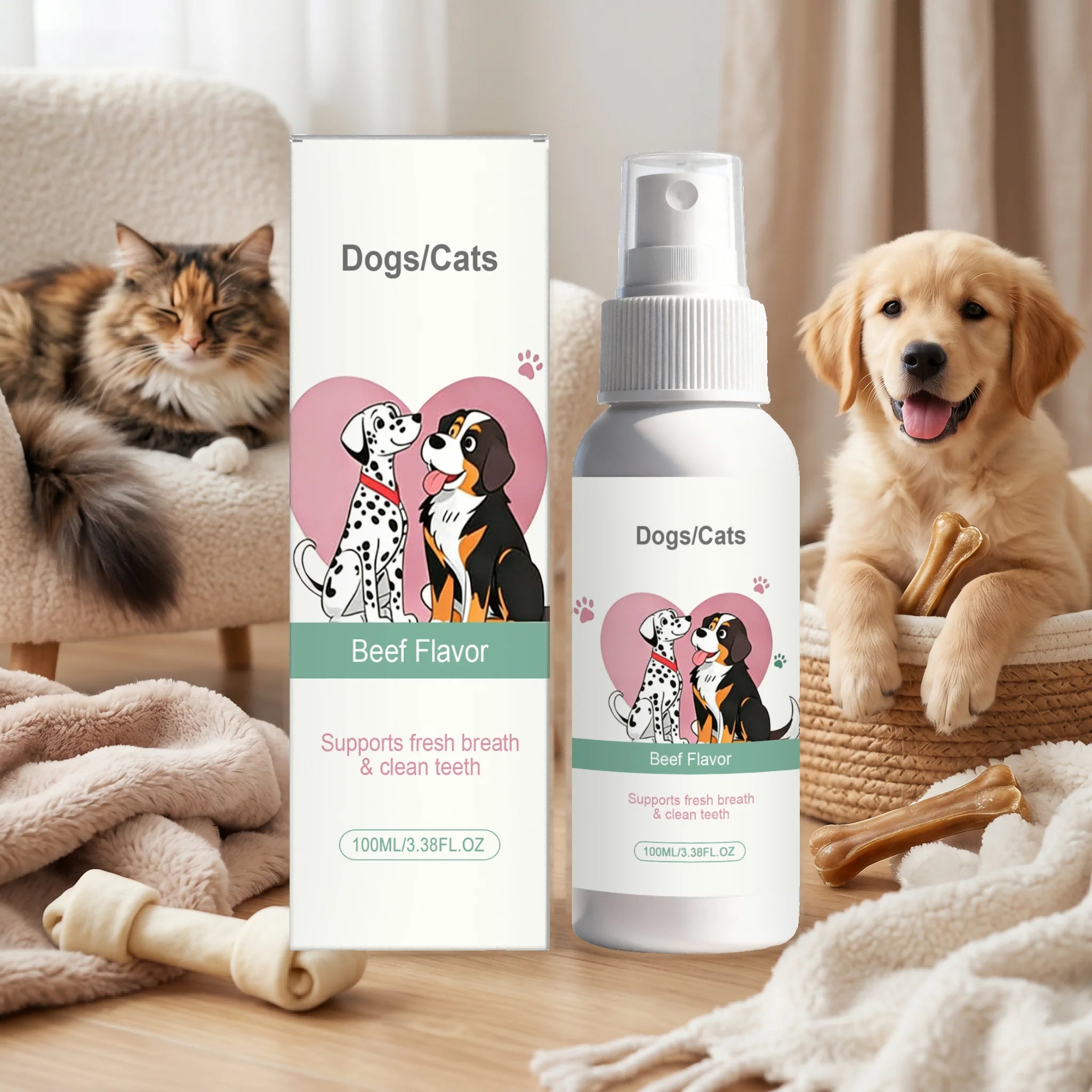 Pet Dental Spray Beef Flavor Breath Freshener Reduces Plaque and Tartar Removes Odor Eliminating Spray for Dogs & Cats Gum Care Oasis Select