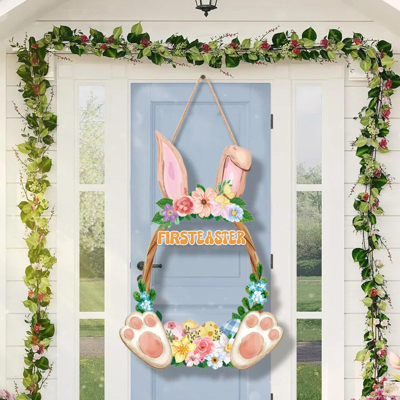 12x12 inch/30x30 cm Easter Wooden Hanging Door Sign Rabbit Egg Decorative Plaque for Easter Front Door Decor Oasis Select