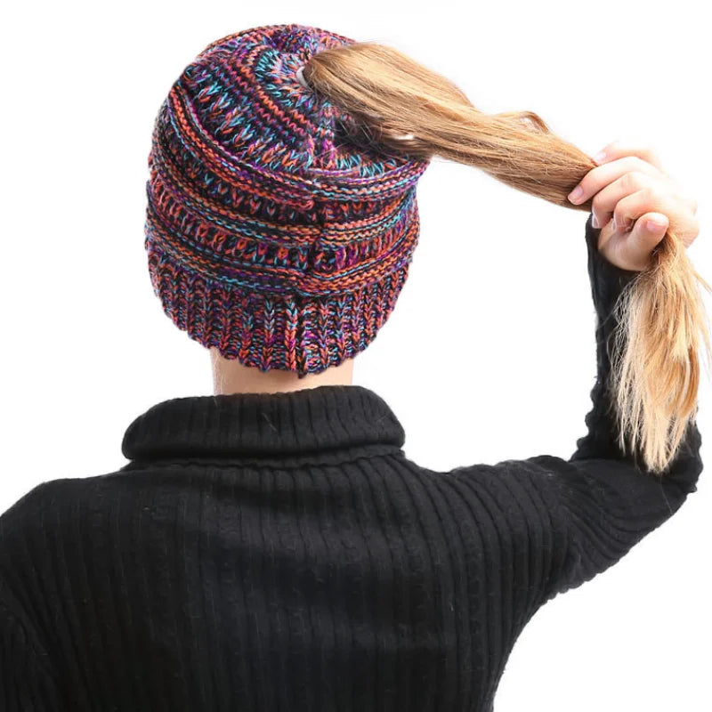 Colorful Knitted Hat, Empty Top, Fashionable Ponytail Hat, Autumn and Winter 3-Color Dome, Casual and Versatile Oasis Select