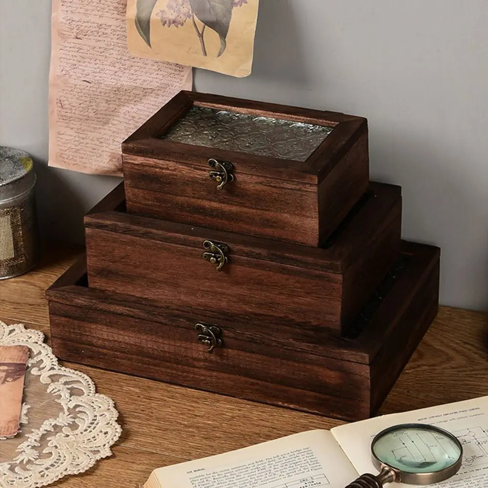 Vintage Wooden Jewelry Box with Floral Glass Lid | Trinket Storage