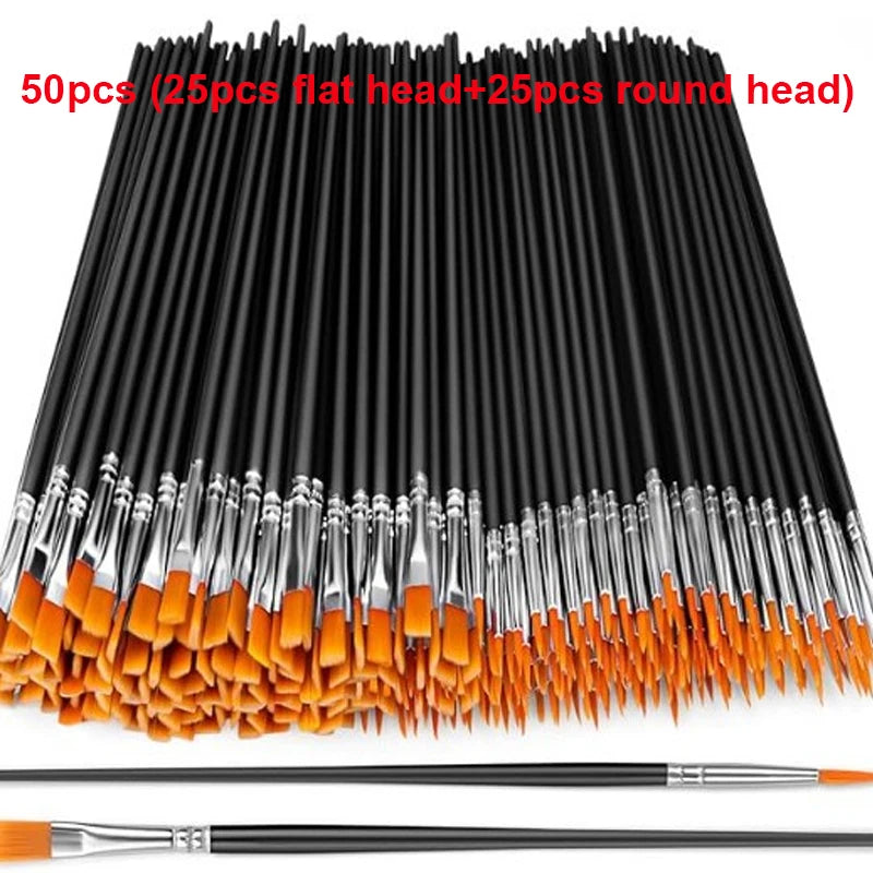 50pcs Paint Brushes | Flat and Round Tipped Pen Tips, Durable Patterned Handle, Suitable for Acrylic, Watercolor, and Facial Oasis Select 50pcs