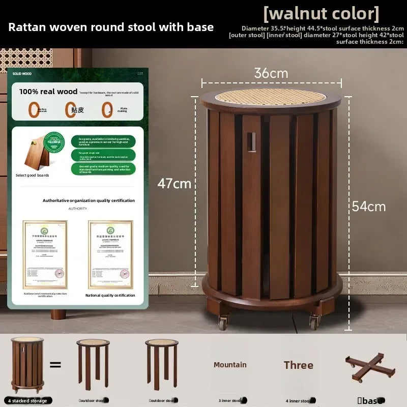 Household stools can be stacked solid wood round stools stacked low stools with pulleys wooden stools sturdy and durable Oasis Select Walnut-4E
