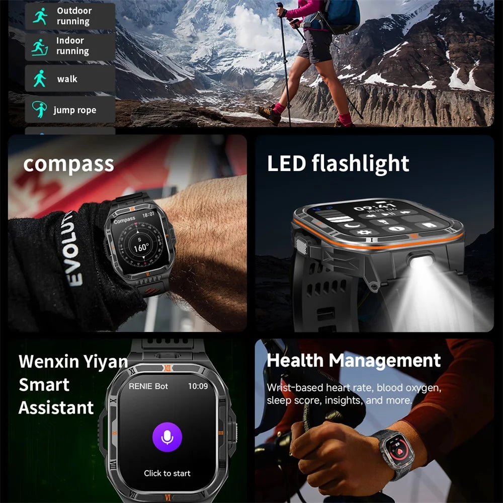 Waterproof Smartwatch Men 1100mAh Battery LED Flashlight BT Call Outdoor Smart Watches Health Monitor 100+ Sports Mode Compass Oasis Select