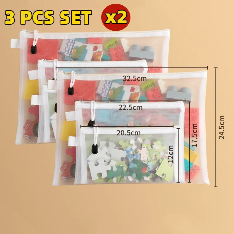 3/6/9 PCS Mesh Zipper File Bag Waterproof Moisture-proof Zipper Folder Toy Storage Bag Storage Tools Cosmetic Organization Bag Oasis Select 6 PCS SET