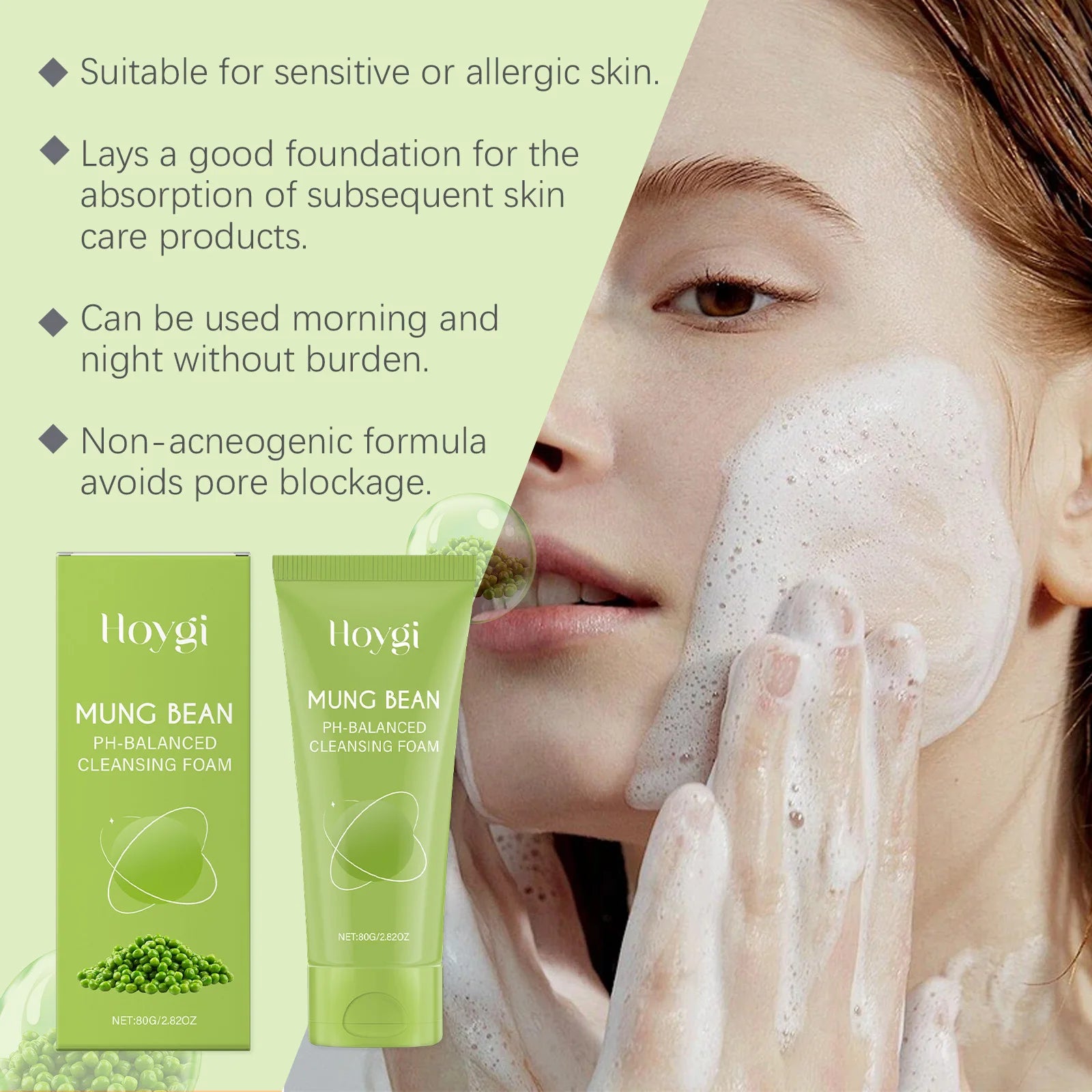 Hoygi Mung Bean Cleansing Foam – pH-Balanced Sensitive Skin Facial Cleanser Foam Oasis Select