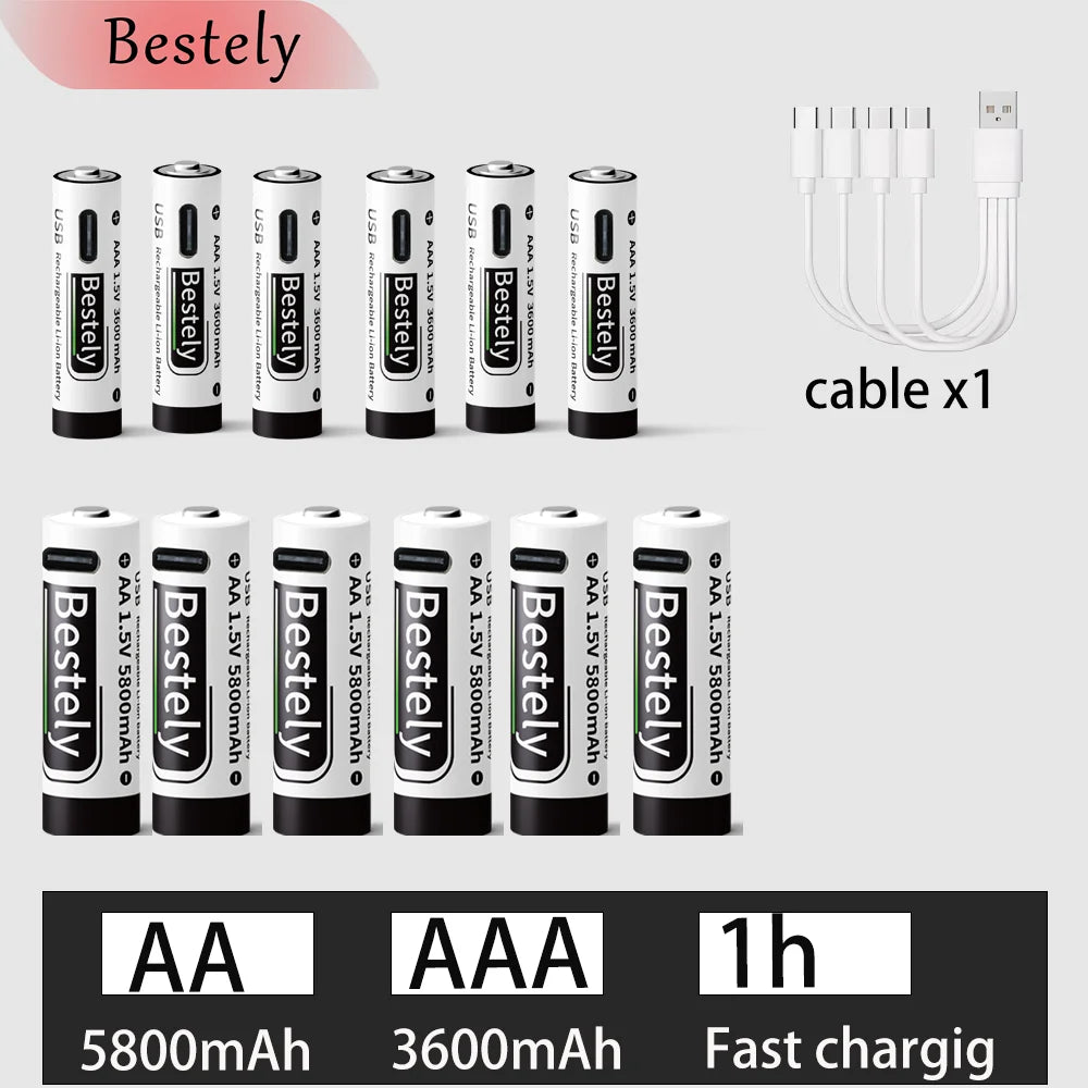 New 1.5V AA 5800mAh+AAA 3600mAh Lithium rechargeable Battery,USB Fast Charging Li-ion Battery , 2000 Cycles with USB- C Cable Oasis Select 6AA 6AAA