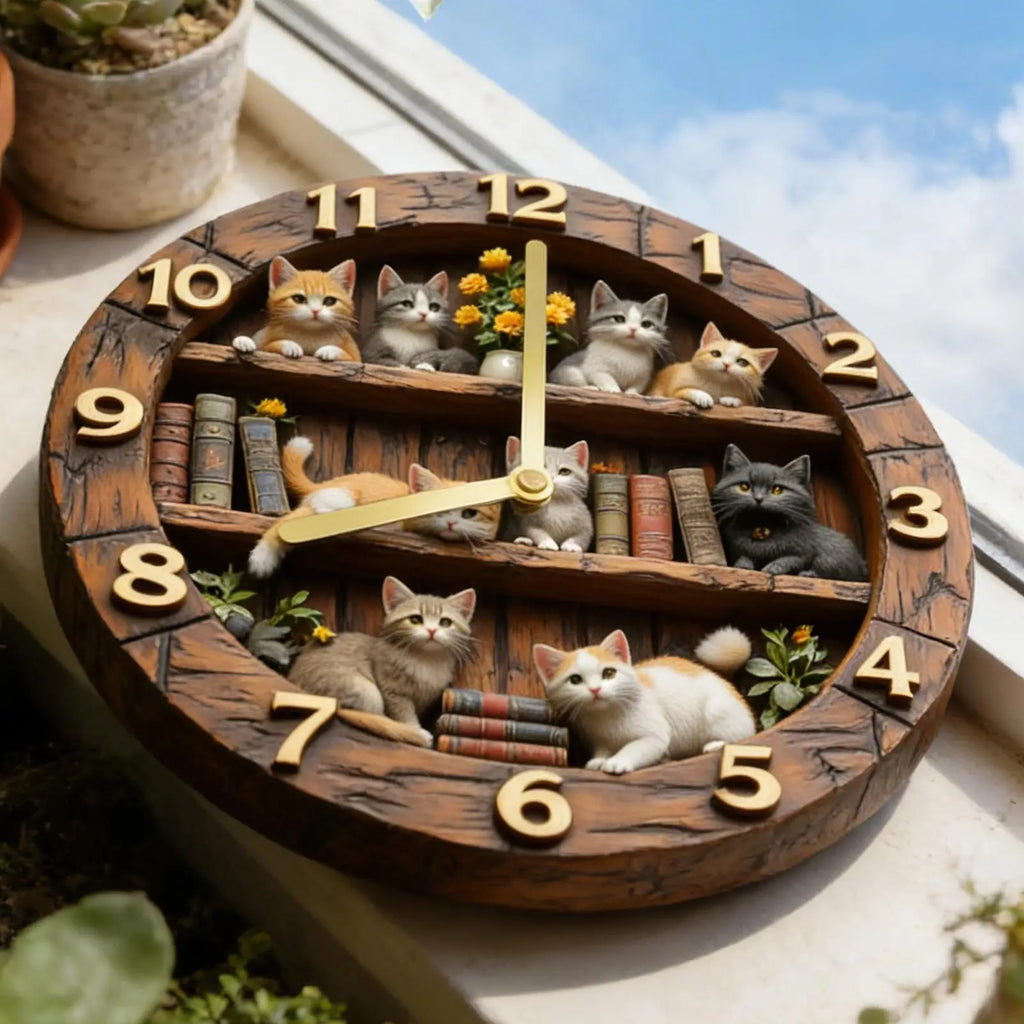 Cat Clock 11.81 Inch Cat Theme Wooden Decoration Bedroom Wall Clock for Home Living Room Bedroom Farmhouse Bar Office Library Oasis Select