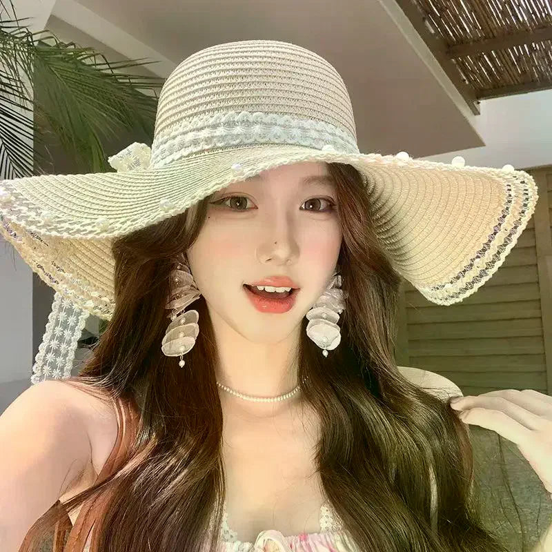 Women Bow Decor Oversize Big Brim Straw Hat Summer Outdoor Sun Block UV Protection Hat Lightweight Breathable Beach Headwear Oasis Select
