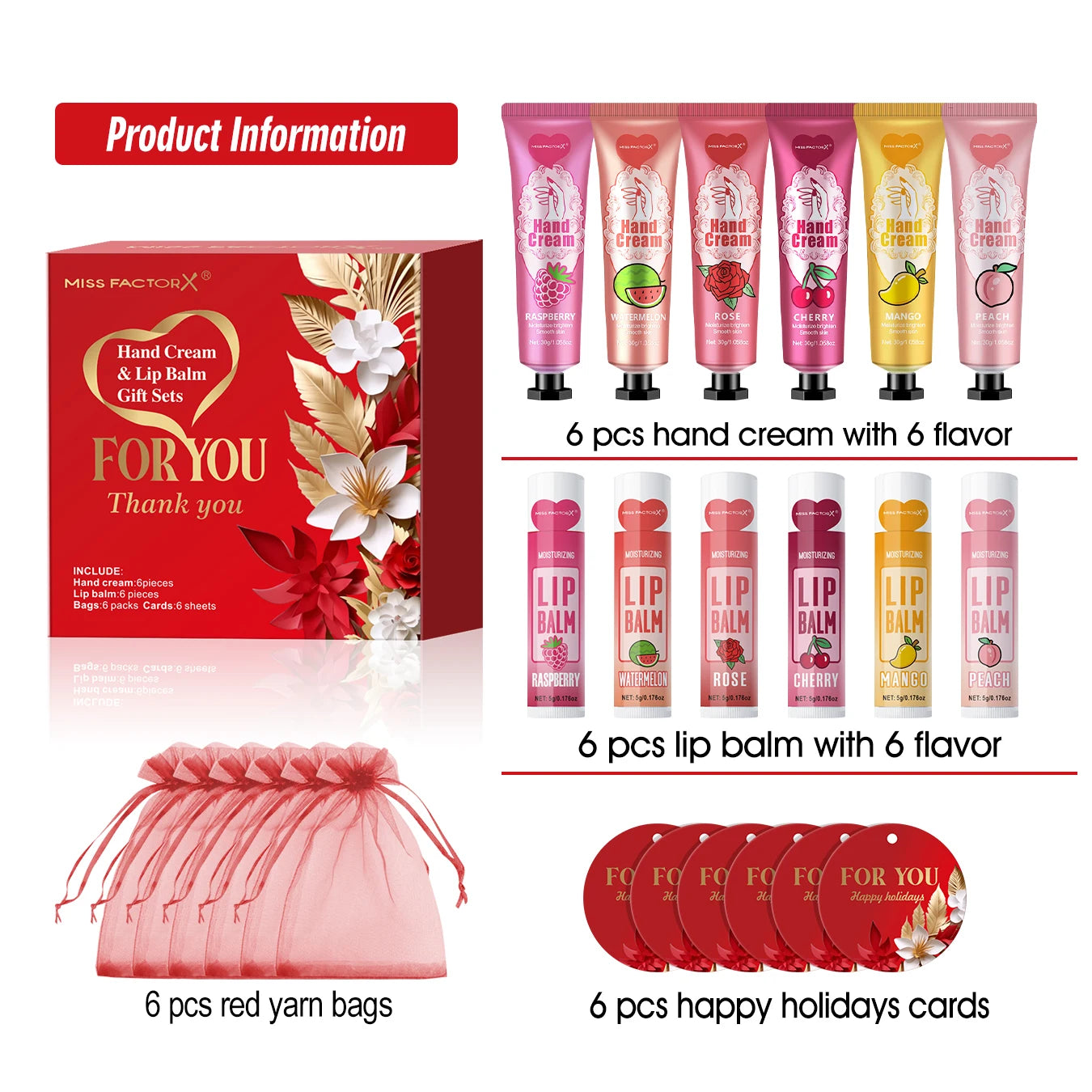 24PCS/box lip balm in bulk, hand cream in bulk thank you card and red gauze bag, wedding gift to guests, Christmas and New Year Oasis Select 24PCS gift set