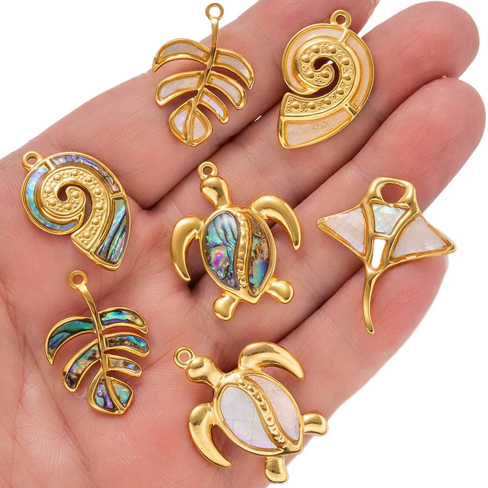 2PCs Ocean Series 304 Stainless Steel & Shell Charms For DIY Jewelry Making Gold Color Sea Turtle Animal Conch Pendant Necklace Oasis Select