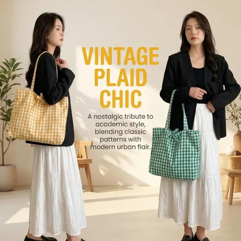 Women's Plaid Nylon Tote Bag – Lightweight Large Capacity Shoulder