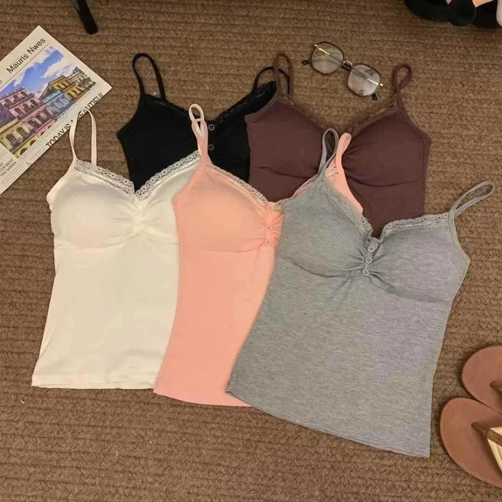 Casual Slim Fit Lace Trim Vest Short with Chest Pad V Neck Top Button Front Sleeveless Top Women Oasis Select
