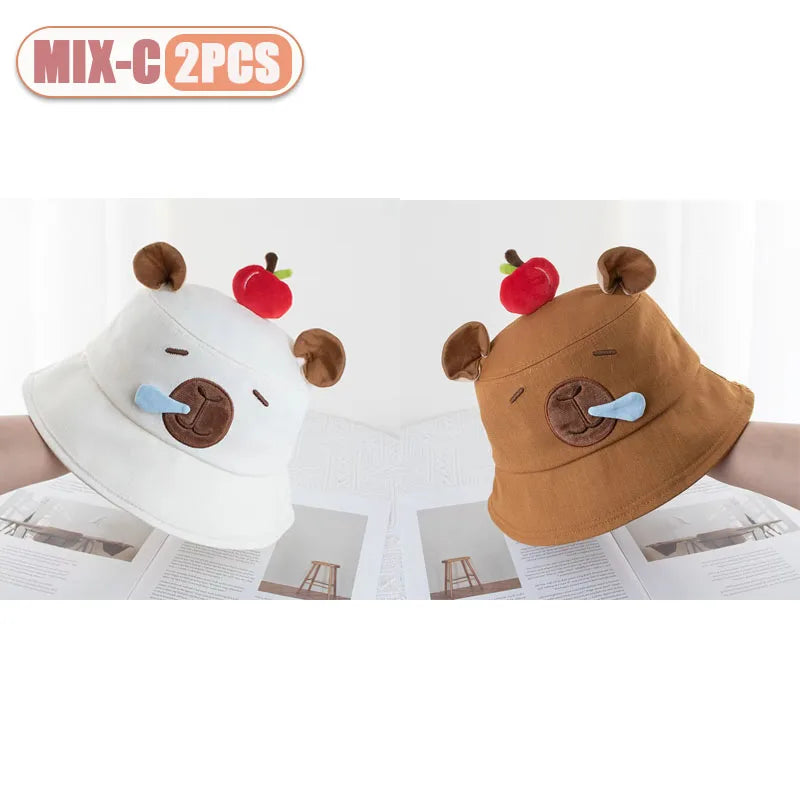 1-4PCS Cute Capybara Apple Bucket Hat for Women Cartoon Fisherman Hat Sun Protection Casual Summer Beach Outdoor Oasis Select MIX-C-2PCS