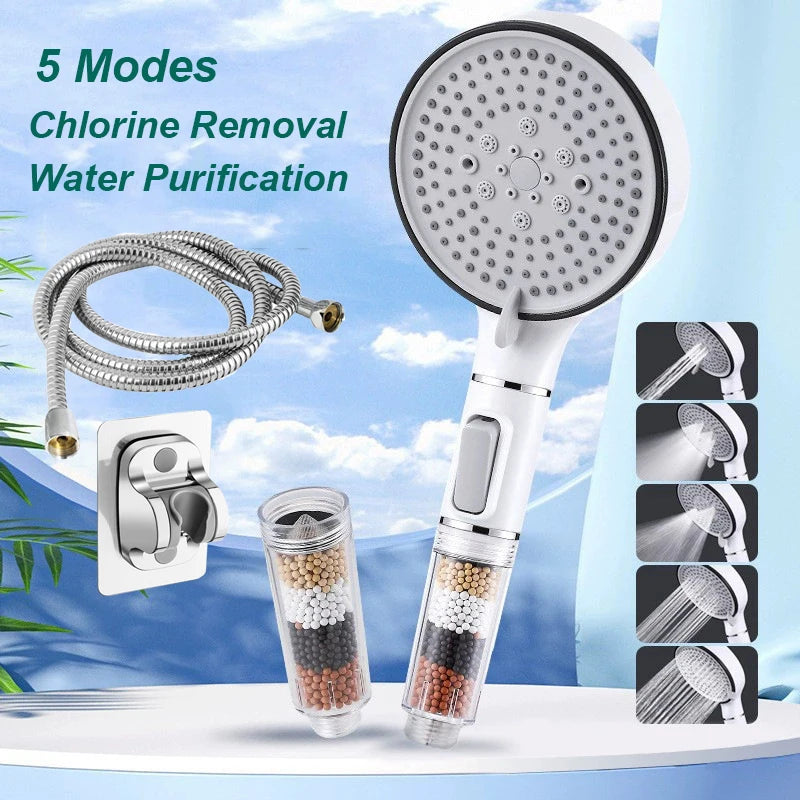 Bathroom Shower Head with Stop Button 5 Mode Anti Limestone Filter Hygienic Remove Chlorine Handheld Head Filtration Shower Head Oasis Select