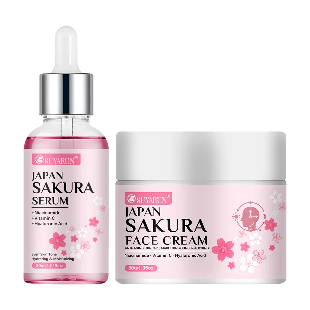 SUYARUN Cherry Blossom Skincare Set - Moisturizing Cream & Serum, Gentle Fragrant Formula, Perfect Travel Gift. Oasis Select 30g-30ml