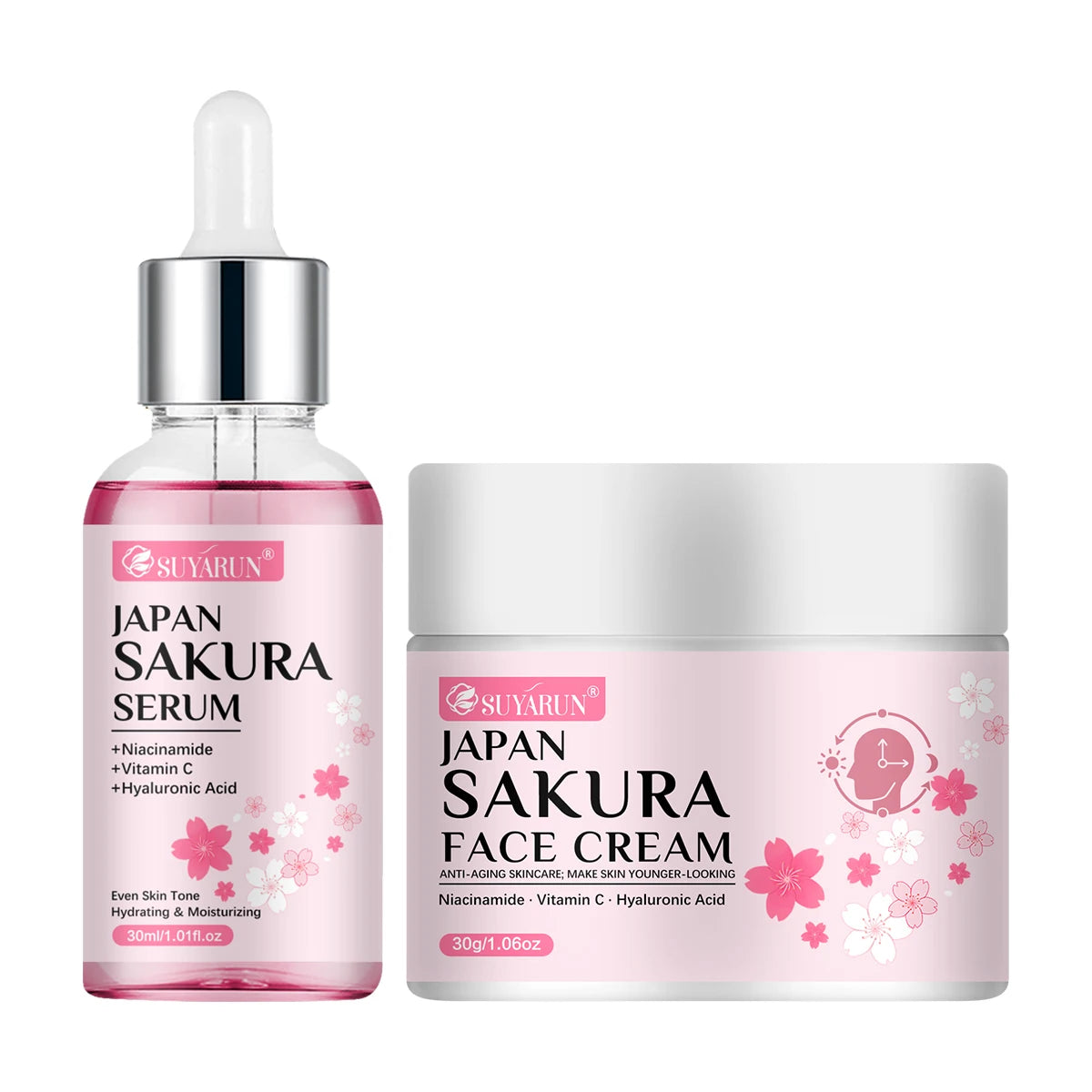 SUYARUN Cherry Blossom Skincare Set - Moisturizing Cream & Serum, Gentle Fragrant Formula, Perfect Travel Gift. Oasis Select 30g-30ml
