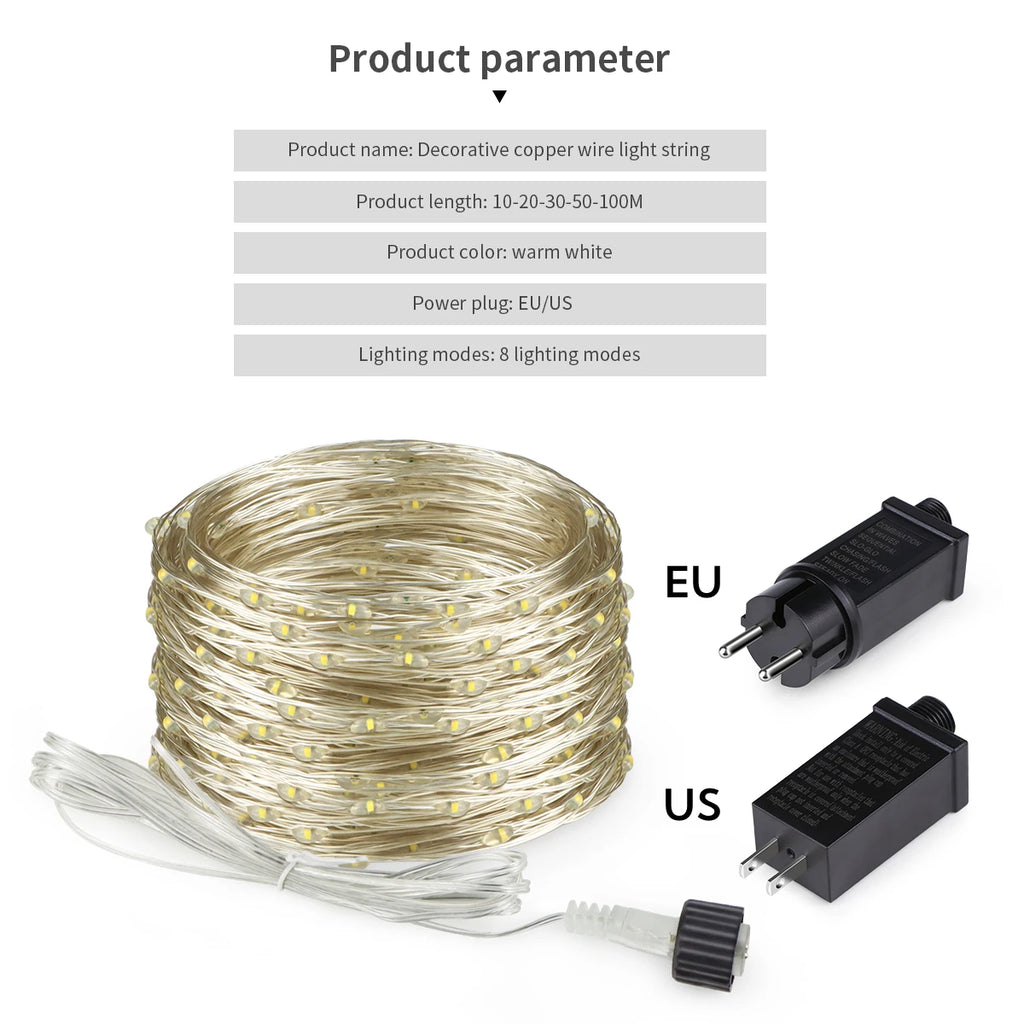 10M-100M Copper Wire Fairy String Lights Wateproof 220V 110V EU US Plug Outdoor Birthdays Party Holiday Wedding Decoration Oasis Select