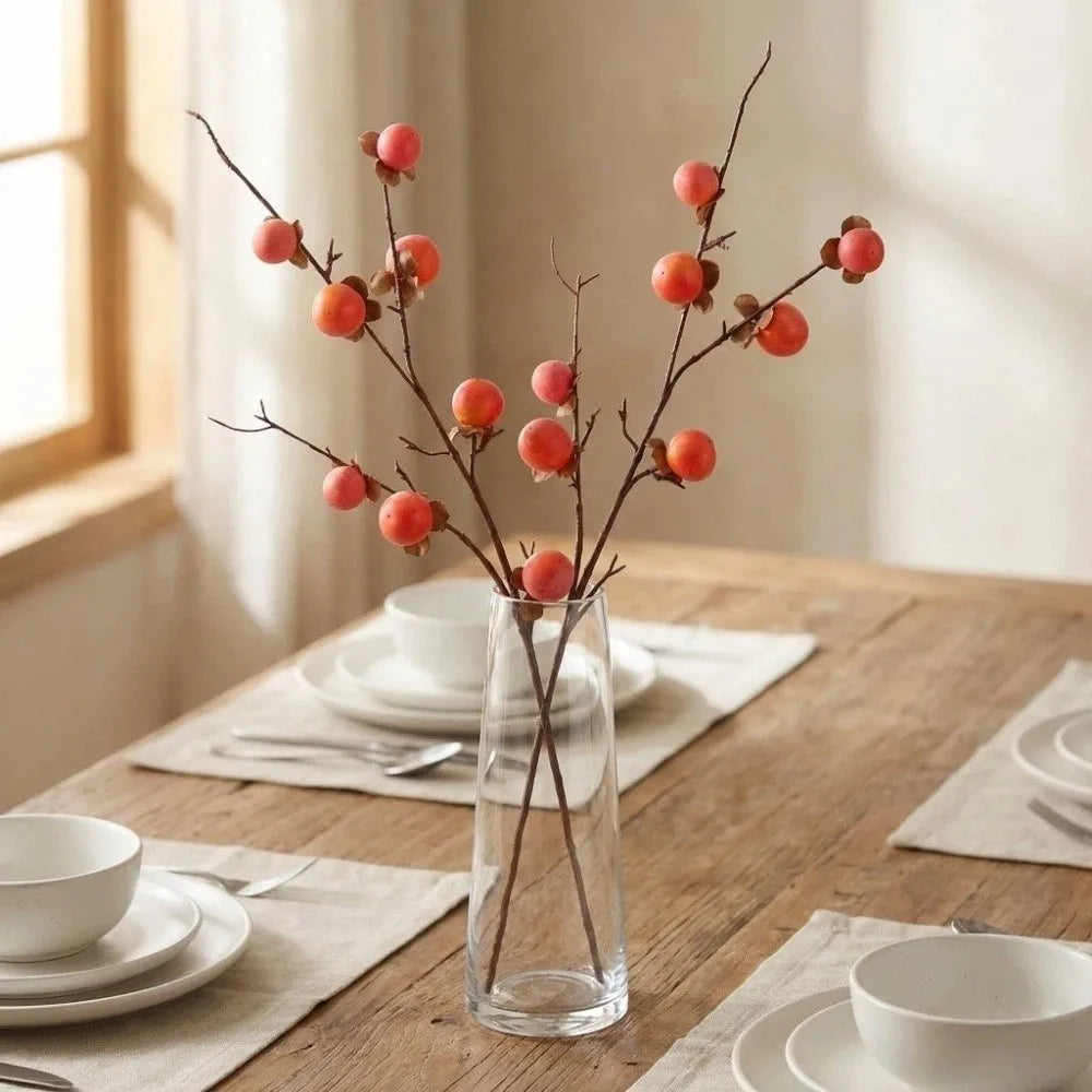 8 Heads Artificial Persimmon Branch Handmade Realistic Simulation Persimmon Fruit Elegant Foam Fake Plants Wedding Decor Oasis Select