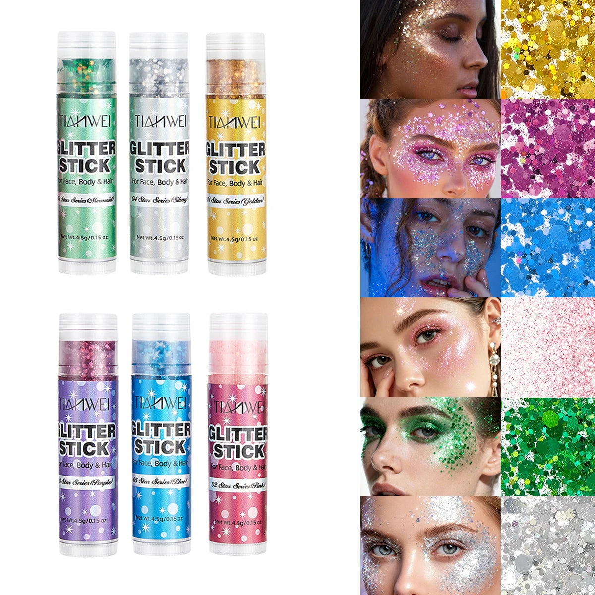 6-Pack Glitter Stick Set – Waterproof Sequin Gel Face & Body Glitter Makeup Sticks Oasis Select 6PCS